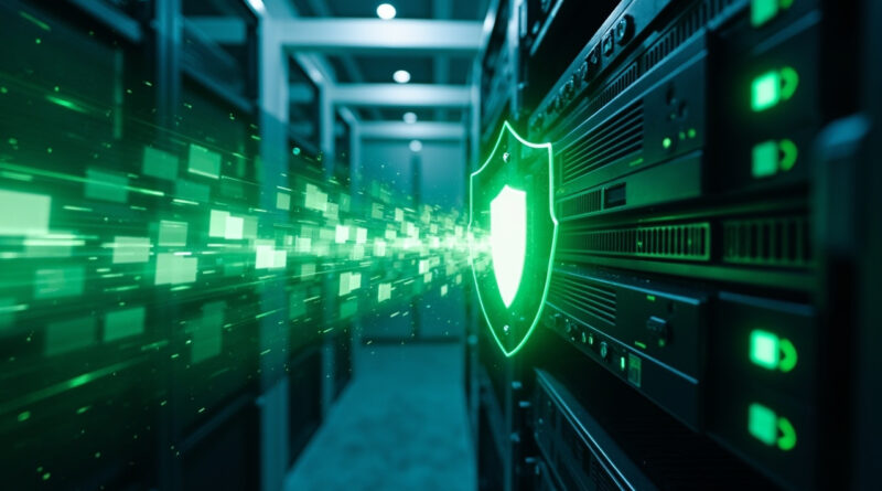 Servidor rack con escudo verde de proteccion antivirus ClamAV