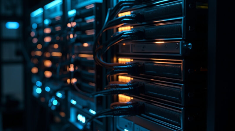 Servidor Linux nuevo recién instalado en rack de datacenter con cables de red conectados
