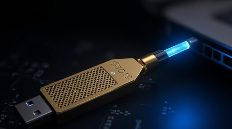 Llave de seguridad FIDO2 USB-A dorada conectada a laptop con LED azul