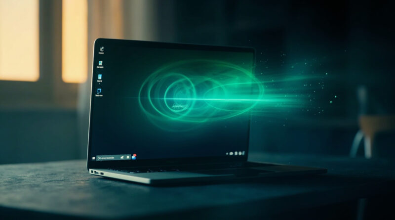 Laptop with green WiFi signal waves