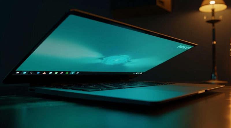 Laptop con escritorio Linux Zorin OS 17 sobre escritorio de madera oscura con luz cyan y ambar