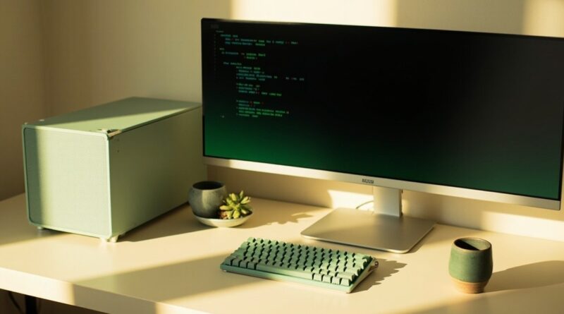 Mini PC verde sage con monitor mostrando código abstracto verde, teclado mecánico verde, taza cerámica y planta pequeña, sobre escritorio crema beige