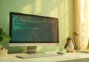 Oficina moderna con monitor mostrando terminal Linux y figurita Tux, en tonos sage green cremosos