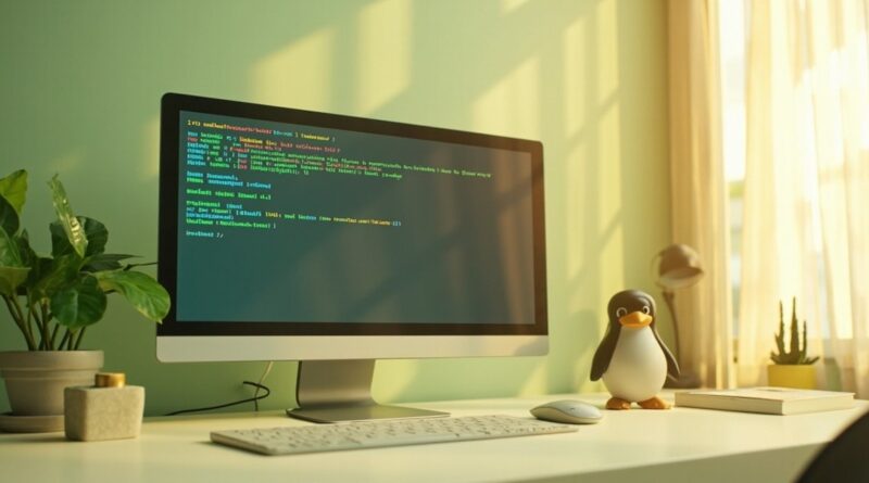 Oficina moderna con monitor mostrando terminal Linux y figurita Tux, en tonos sage green cremosos