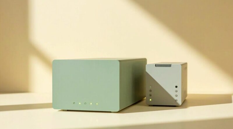 Dos servidores NAS rack-mountable en colores sage green y gris claro, con bahías de discos y LEDs verde salvia, sobre superficie crema beige