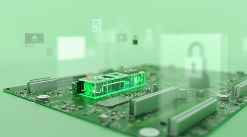 Editorial 3D illustration of a translucent computer motherboard with a glowing green PCIe card slot and translucent browser window silhouettes floating above, representing the Lunex Stealer BYOVD attack chain. Sage green creamy background.