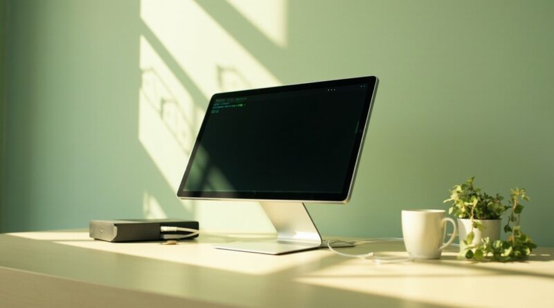 Escritorio con monitor mostrando una terminal y un mini servidor casero, pared verde sage
