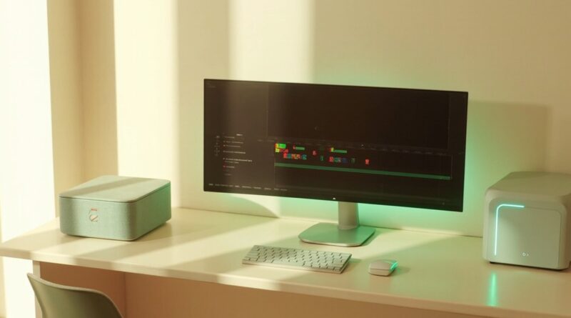 Setup de producción de video con Mac Studio verde sage, monitor ultrawide mostrando timeline de edición y NAS con LED verde, sobre escritorio crema