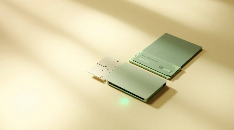 Tres unidades SSD en colores sage green sobre superficie crema beige, con luz LED verde suave reflejada en la superficie