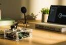 Raspberry Pi en case acrílico con micrófono y monitor mostrando asistente de voz en escritorio claro