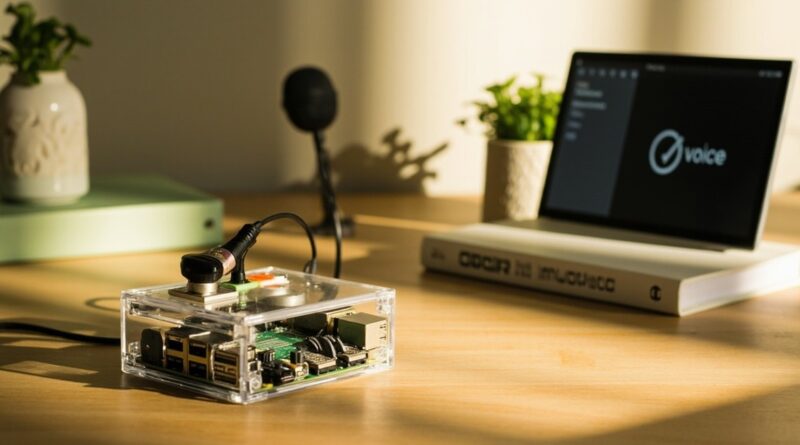 Raspberry Pi en case acrílico con micrófono y monitor mostrando asistente de voz en escritorio claro
