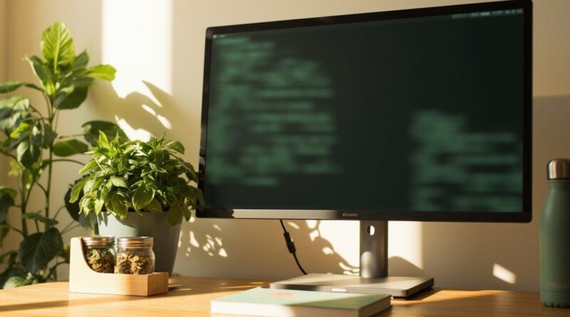 Workspace con monitor LED, terminal Linux borroso y planta albahaca en tonos sage green cremosos