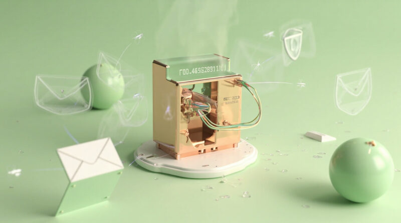 Render 3D editorial de un gateway de correo Linux con filtro antimalware, fibra óptica y cuarentena de adjuntos maliciosos, paleta sage green creamy