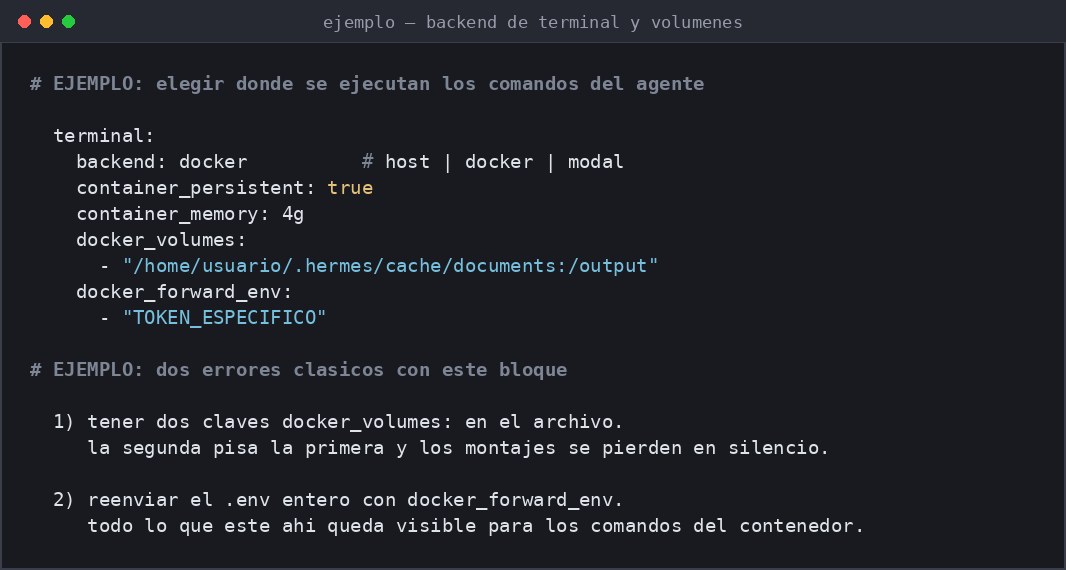 Captura de terminal con la configuración del backend de terminal de Hermes y dos errores frecuentes al definir volúmenes y variables de entorno