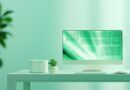Escritorio de sysadmin con monitor iluminado mostrando paneles de orquestacion de contenedores en tonos verde menta, un servidor blanco con LEDs verdes y una planta. Fondo claro menta y blanco, sin texto ni logos visibles.