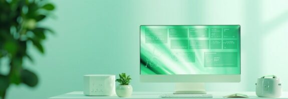 Escritorio de sysadmin con monitor iluminado mostrando paneles de orquestacion de contenedores en tonos verde menta, un servidor blanco con LEDs verdes y una planta. Fondo claro menta y blanco, sin texto ni logos visibles.
