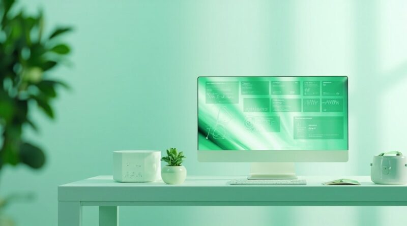 Escritorio de sysadmin con monitor iluminado mostrando paneles de orquestacion de contenedores en tonos verde menta, un servidor blanco con LEDs verdes y una planta. Fondo claro menta y blanco, sin texto ni logos visibles.