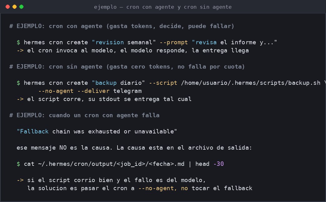 Captura de terminal comparando un trabajo programado con agente y uno sin agente, y el procedimiento para diagnosticar un fallo de proveedor