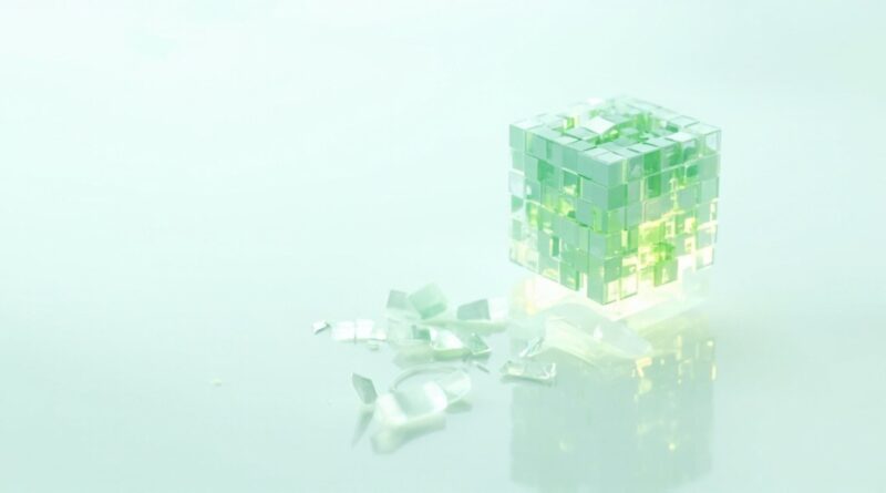 Render 3D editorial de bloques de datos translúcidos color menta que se comprimen en un cubo denso sobre fondo blanco y verde menta claro, con fragmentos dispersos al redor.