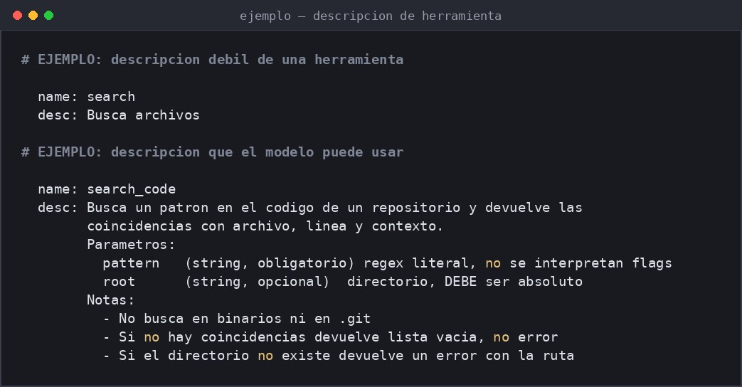 Comparación lado a lado entre una descripción débil de una herramienta de búsqueda y una descripción completa con parámetros, notas y límites