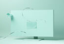 Editorial 3D render of a widescreen monitor showing two flat windows with a subtle motion trail between them, conveying drag and drop on a Linux desktop in soft mint tones