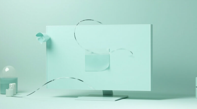 Editorial 3D render of a widescreen monitor showing two flat windows with a subtle motion trail between them, conveying drag and drop on a Linux desktop in soft mint tones