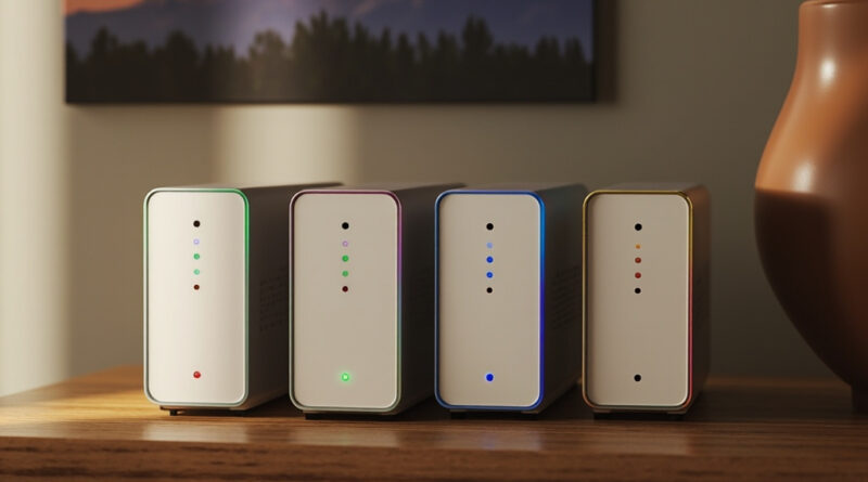 Cuatro dispositivos NAS alineados en repisa junto a foto enmarcada