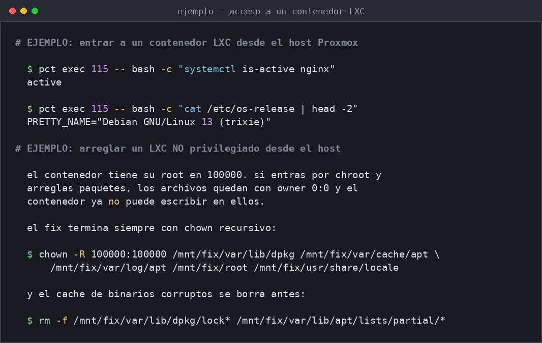 Captura de terminal con comandos para ejecutar dentro de un contenedor LXC desde el host y el procedimiento de corrección de permisos en contenedores no privilegiados