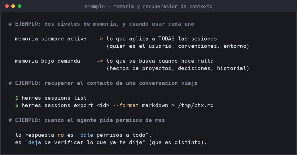 Captura de terminal con los dos niveles de memoria, los comandos para listar y exportar sesiones y una nota sobre cómo responder cuando el agente pide permisos de más