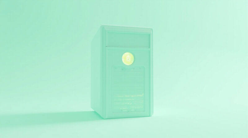Mueble servidor con panel de seguridad iluminado en verde menta