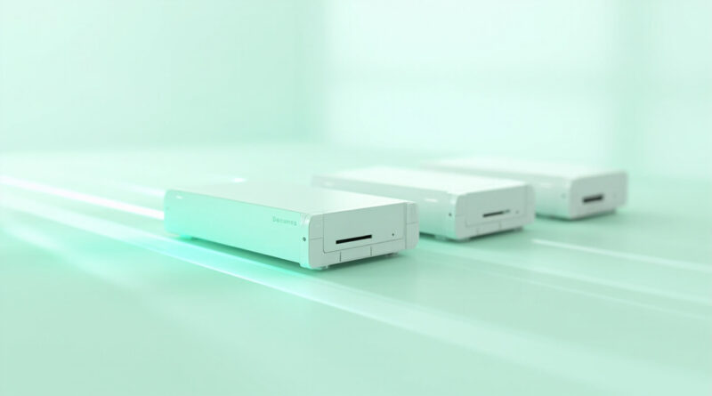 Modulos de hardware de red en fila con haces de luz entre ellos