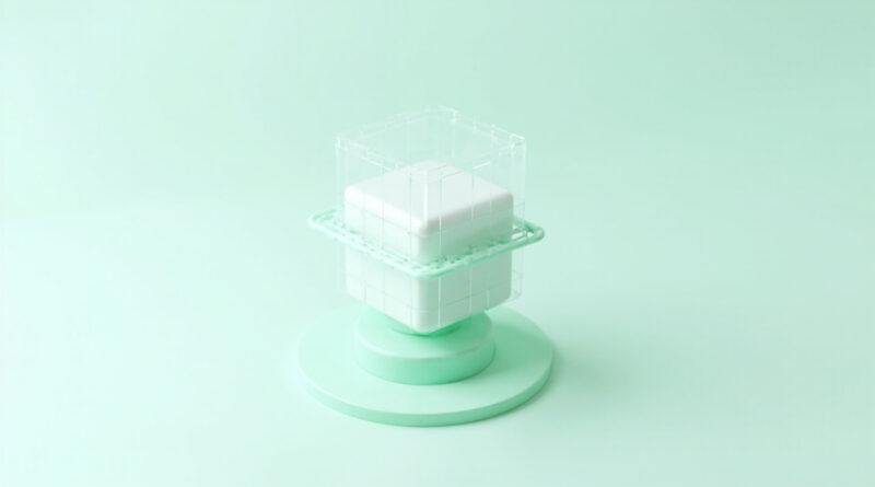 Cubo contenedor blanco envuelto en una celda transparente menta representando aislamiento de sandbox