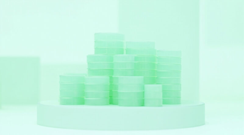 Cilindros apilados sobre pedestal en tonos menta representando columnas de base de datos