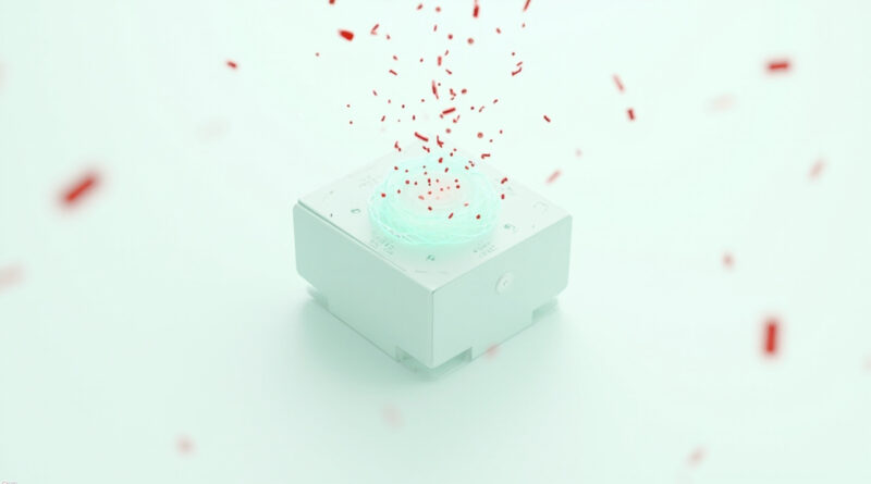 Caja de appliance con escudo hexagonal luminoso y particulas de alerta