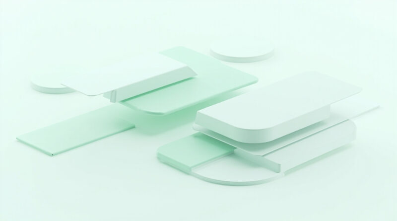 Formas geometricas apiladas en tonos menta representando ventanas de escritorio