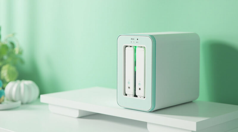 Dispositivo NAS de dos bahias sobre repisa enshelfVerde pastel