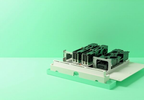 Render 3D editorial de tarjetas aceleradoras GPU instaladas en un chassis de servidor abierto, sobre fondo verde menta luminoso, sin texto ni logotipos