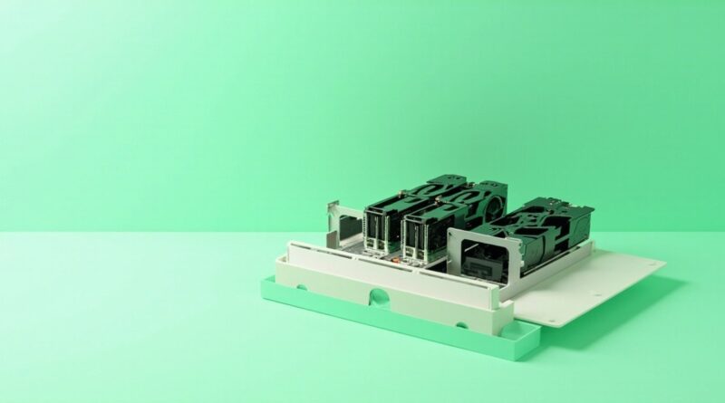 Render 3D editorial de tarjetas aceleradoras GPU instaladas en un chassis de servidor abierto, sobre fondo verde menta luminoso, sin texto ni logotipos