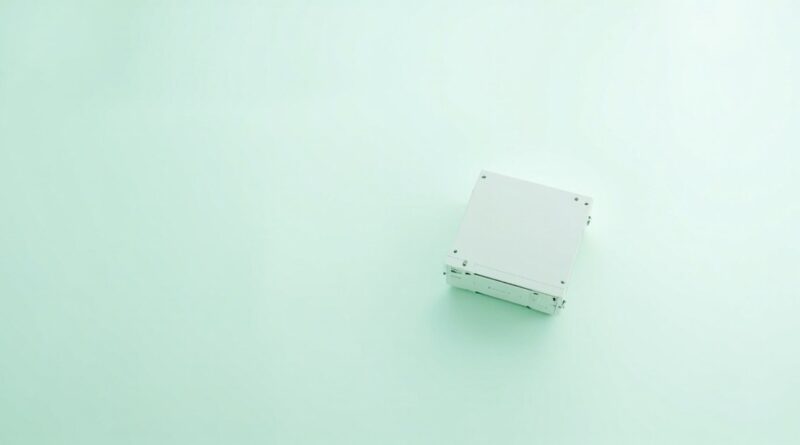 Render 3D editorial de un servidor rack de 1U visto desde arriba sobre una superficie clara con acentos verde menta, sin texto ni logotipos visibles.