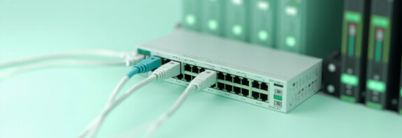 Switch de red empresarial con cables Ethernet y luces LED verdes