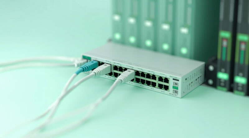 Switch de red empresarial con cables Ethernet y luces LED verdes
