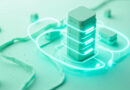 Render 3D de un servidor Kubernetes minimalista con luz neón verde