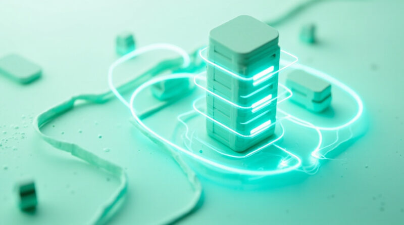 Render 3D de un servidor Kubernetes minimalista con luz neón verde