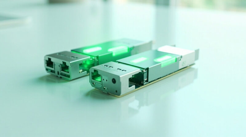 Módulos SFP+ de fibra óptica con indicadores LED en verde
