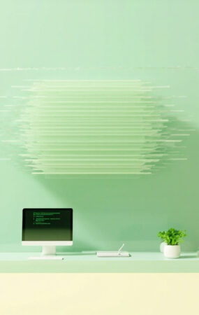 Escritorio de oficina minimalista con monitor y planta verde