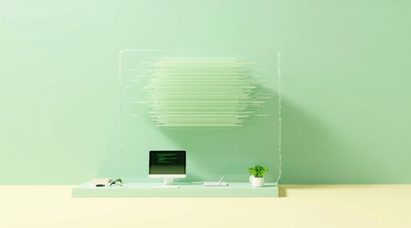 Escritorio de oficina minimalista con monitor y planta verde