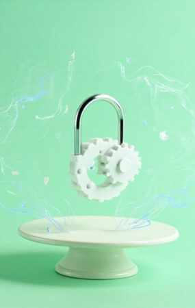 Candado de seguridad blanco sobre pedestal verde pastel