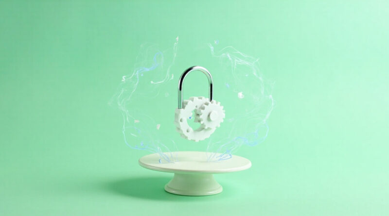 Candado de seguridad blanco sobre pedestal verde pastel