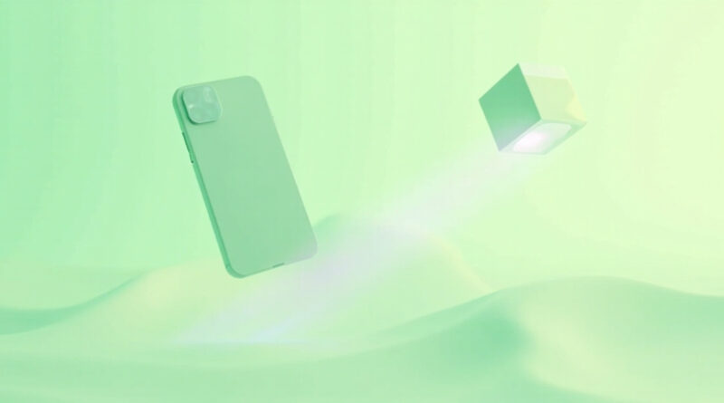 Smartphone verde y cubo flotante representando túnel VPN