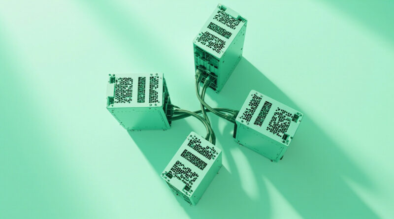 Modulos rectangulares verdes conectados con cables negros en cluster